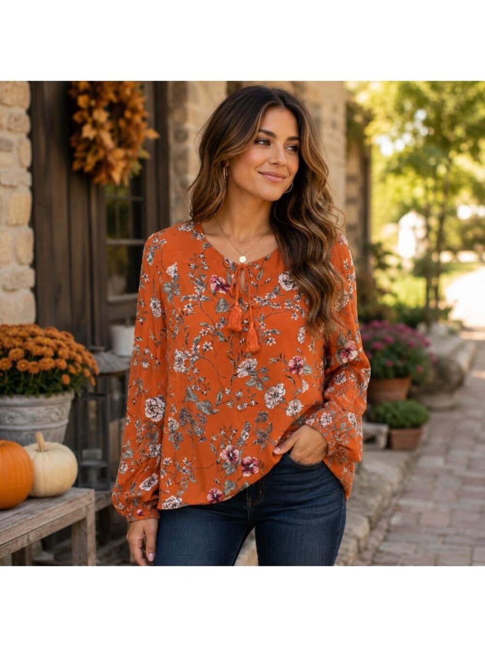 Altar’d State Blouse Size M Orange Floral Boho Tassel Tie 100% Rayon Peasant Top